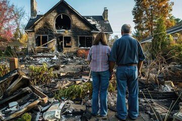 A guy and his spouse are examining their burnt property. Generative Ai - obrazy, fototapety, plakaty