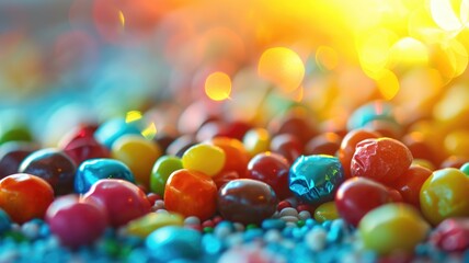 The close up view of picture of a lot of the colourful candy, sweet, sugar, and jelly that has been put around the table or floor and gathered together and has been filled with various sweet. AIGX01.