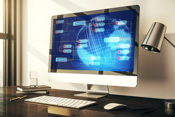 Fototapeta premium Modern computer monitor with abstract programming language with world map, research and development concept. 3D Rendering