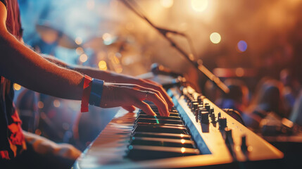 Close up hand playing a keyboard on stage in music festival