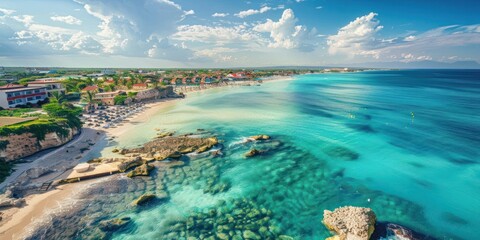A panoramic view of a coastal resort town with sandy beaches and sparkling blue water. 