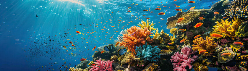 Fototapeta na wymiar Under the sea coral reef with marine life, treasure, and clear area for magical birthday messages