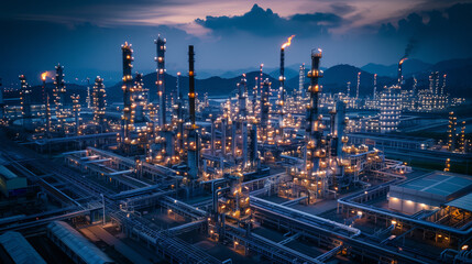 Twilight descends on an expansive oil refinery, with its complex network of pipes and towers aglow with lights. Industrial power and advanced technology concept.
