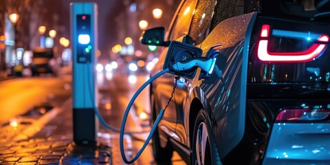 A picture about the electric vehicle that has been charging at the charging station and has been connected with the charger that has been connecting to the electric vehicle to become new tech. AIGX01. - 771945749