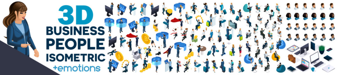 Large set of isometric, 3D Businessmen and businesswomen with gadgets . And Set emotions. Front and rear view