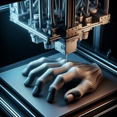a 3D printer in the process of creating a hand. the intricate layers as they are precisely deposited to form the complex structure of a human hand,the remarkable capabilities of 3D printing technology - obrazy, fototapety, plakaty