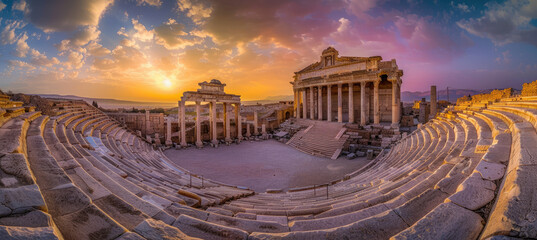 panoramic photo of an ancient roman theater, grand and majestic with intricate details - obrazy, fototapety, plakaty