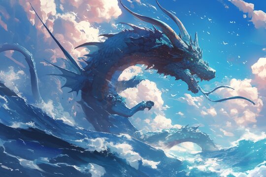 A epic ancient divine and powerful dragon in sea and coast, in the style of fantasy anime art wallpaper