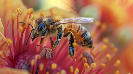 Detailed close-up of a honeybee delicately collecting nectar from a colorful flower, showcasing the essential role of bees in pollination.
