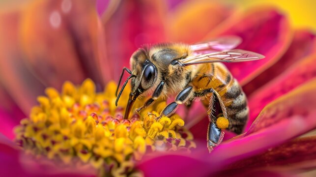 A meticulously captured close-up unveils the intricate process of a honeybee gently gathering nectar from a vibrant flower, underscoring the crucial role bees play in pollination.
