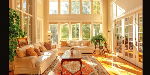An interior shot of a bright and spacious living room. 