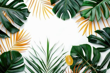 Beautiful arrangement of vibrant tropical foliage on white. Generative Ai