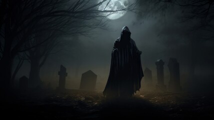 Cloaked figure looming in spooky misty cemetery - An enigmatic cloaked figure looms over a gravesite surrounded by mist, creating an eerie and haunting atmosphere - obrazy, fototapety, plakaty