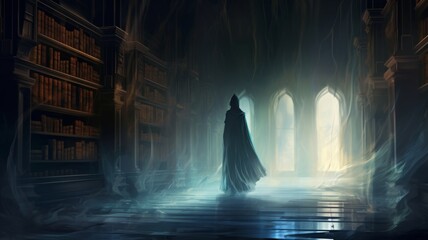 Cloaked wanderer in a mystical sunlit library - A solitary figure roams a vast library hall illuminated by ethereal sunlight, hinting at discovery and enlightenment amidst the old tomes - obrazy, fototapety, plakaty