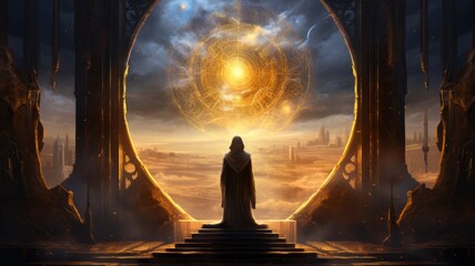 Cloaked figure before a cosmic orb - A cloaked figure stands before a grand cosmic orb within a majestic doorway, symbolizing an epic quest or enlightenment - obrazy, fototapety, plakaty