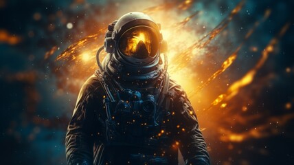Fiery space scene with astronaut silhouette - Silhouette of an astronaut engulfed in golden flames of space, reflective of the extremities of space exploration