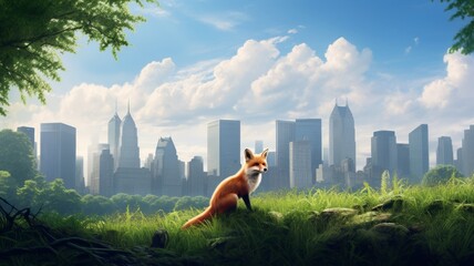Fox in grass with urban skyline in background - A vivid contrast of nature and urban life as a curious fox surveys a city skyline from a grassy foreground