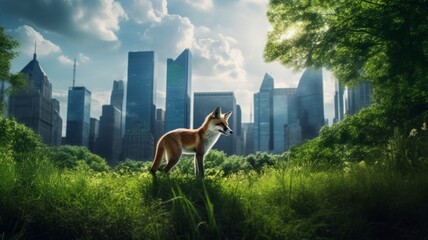 Fox prowling in city park with skyscrapers behind - A fox roams a lush urban park, framed by imposing city skyscrapers and skyscape - obrazy, fototapety, plakaty
