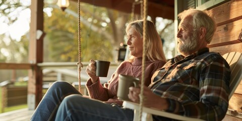 A retired couple sitting together on a porch swing, sipping coffee and enjoying each other's company. 