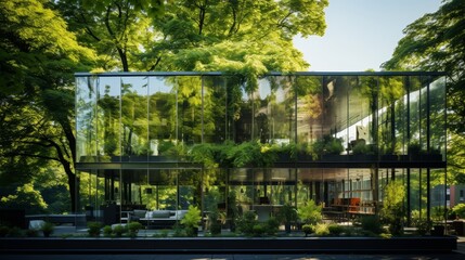 The glass skyscraper facade reflects the lush green leaves of trees