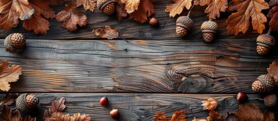 A closeup of wooden planks with scattered acorns, symbolizing the natural beauty and texture of wood flooring, showcasing an organic feel for interior design concepts.