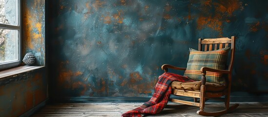 Photo of a wooden chair with a plaid blanket and pillow against a dark wall background. Web banner with copy space