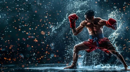 Powerful Martial Performing Dynamic Water-Splashing Kick in Dramatic Studio Setting - obrazy, fototapety, plakaty