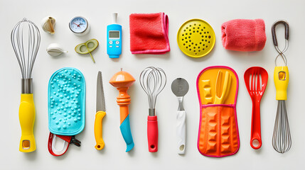 Colorful Assortment of Modern Kitchen Gadgets on a White Background