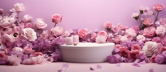 Feminine pink podium backdrop with rose flowers scene. Elegant Rose Floral Podium Background