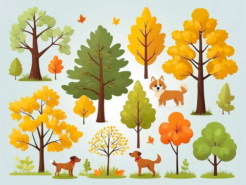Autumn trees set and shrubs in the forest. Vector illustration.