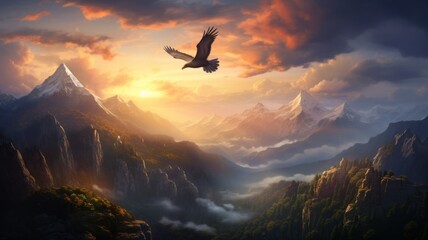 Majestic eagle soaring over mountainscape - An eagle soars majestically over a mountainous landscape during a vibrant sunset, symbolizing freedom - obrazy, fototapety, plakaty