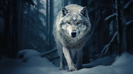 Majestic grey wolf in snowy forest setting - A close-up of a grey wolf standing in the heart of a mystical snow-covered forest, showcasing its piercing eyes and thick fur