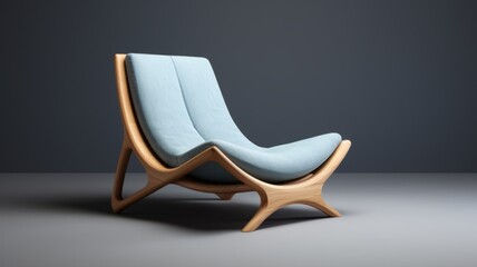 Modern blue lounge chair on gray backdrop - This image features a modern, soft blue lounge chair with a unique wooden base, placed against a plain gray background, highlighting the chair's design