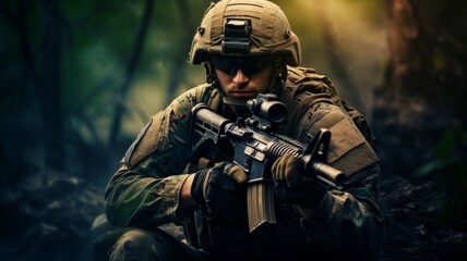 Military man aiming rifle in smokey forest - A military man in combat gear aiming a rifle amidst smoke in a forest tactical environment - obrazy, fototapety, plakaty