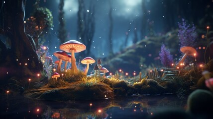 Mushrooms glistening on a mystical riverbank - The stunning mushrooms glisten magically on a moss-covered riverbank within a spellbinding, mystical forest filled with twilight hues