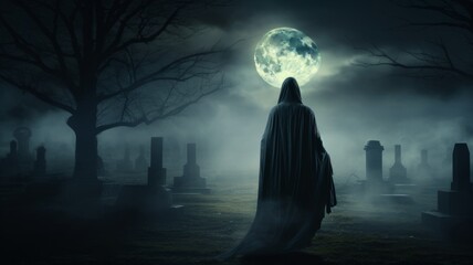 Mysterious cloaked figure under full moon - A solitary figure stands facing a bright full moon in a spooky, fog-filled graveyard with silhouetted trees - obrazy, fototapety, plakaty
