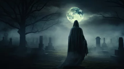 Foto op Plexiglas Mysterious cloaked figure under full moon - A solitary figure stands facing a bright full moon in a spooky, fog-filled graveyard with silhouetted trees © Mickey