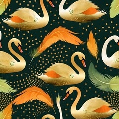 swans with glittered dots green background.