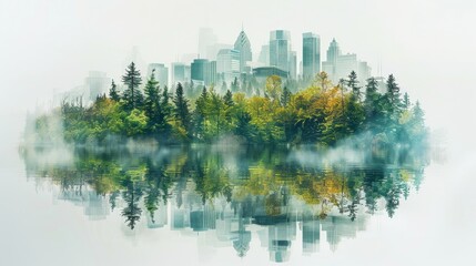Fototapeta premium Captivating double exposure composition featuring modern cityscapes juxtaposed with renewable energy infrastructure and vibrant greenery, symbolizing the transition towards a cleaner, greener future.