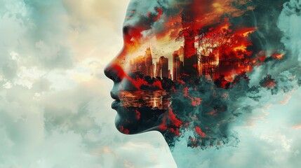 Captivating visual representation of heaven and hell intertwined in a double exposure format, inviting viewers to explore the duality of existence. - obrazy, fototapety, plakaty