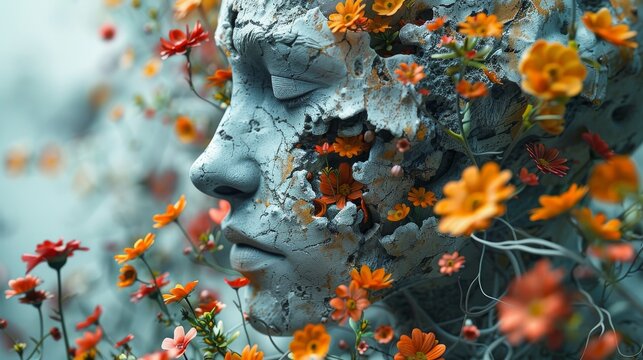 Creative illustration exploring the intersection of humanity and nature. Broken sculpture intertwined with colorful flowers, reflecting themes of life and freedom.