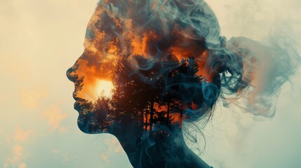 Enigmatic double exposure composition portraying the dichotomy of heaven and hell, creating a mesmerizing and contemplative ambiance. - obrazy, fototapety, plakaty
