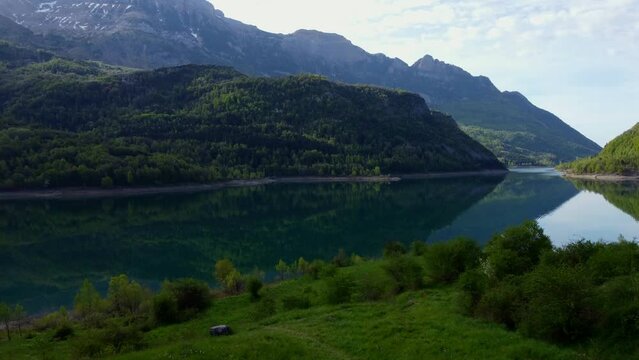 Drone footage of Bubal Reservoir in the valley of Tena in the Pyrenees Mountains, Huesca, Spain