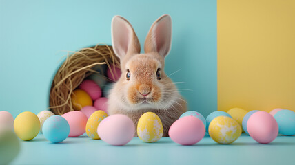 Fototapeta na wymiar A rabbit is standing in front of a basket of Easter eggs