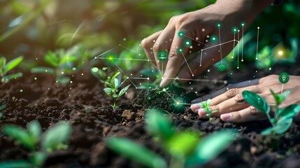 Hands Planting Seeds with Futuristic Agritech Gadgets Symbolizing the New Era of Sustainable and Innovative Farming - obrazy, fototapety, plakaty
