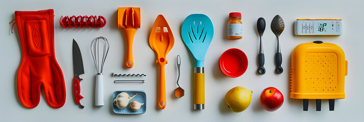 Colorful Assortment of Modern Kitchen Gadgets on a White Background - obrazy, fototapety, plakaty
