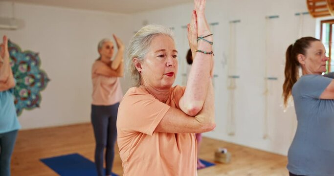 Senior woman, class and coaching with yoga for zen, spiritual wellness or balance together at home. Elderly people or yogi group in pilates, training or workout for exercise, fitness or health on mat
