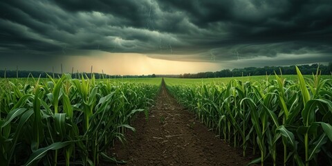 See the stunning contrast of nature's elements. a resilient field of young corn against a stormy sky, Generative AI 
