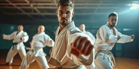 Men engaging in karate training at fitness studio, practicing fight club workout at gym and studying dojo moves as exercise at sports center. Physically active individuals displaying, Generative AI - Powered by Adobe