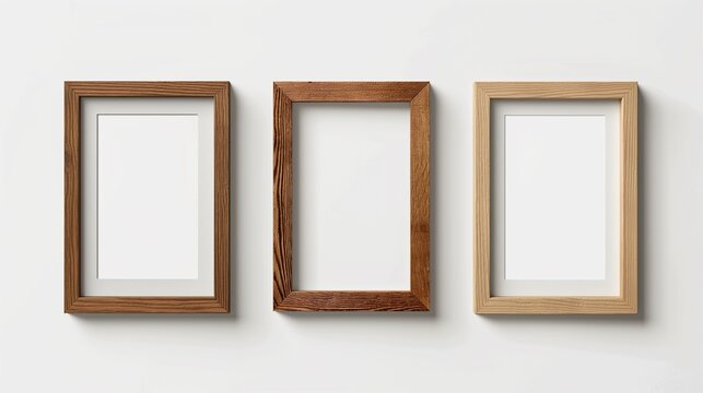 Wooden frame mockup set on white background, home decoration, photo presentation, 3D rendering